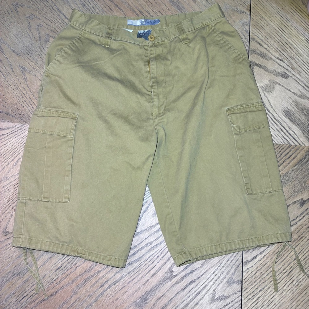 Phat Farm Mens Khaki Cargo Shorts Tan Cotton Twill Drawstring Hem Streetwear